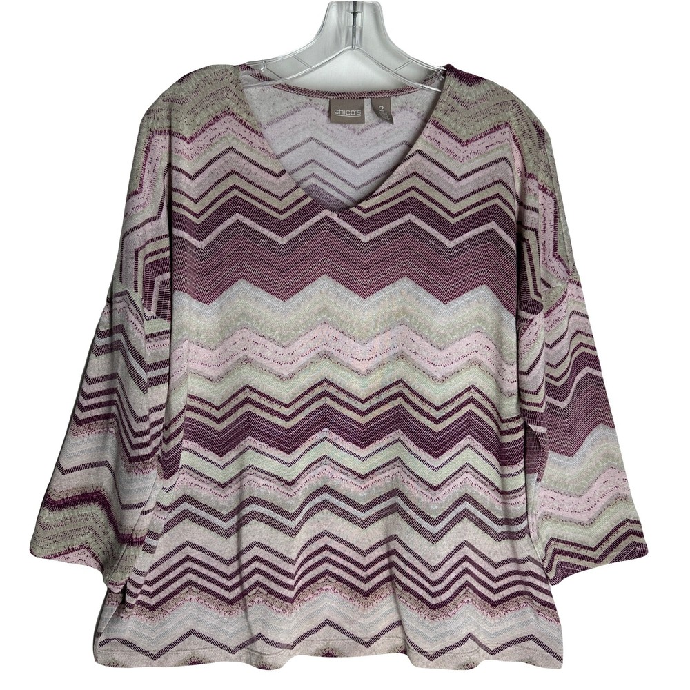 Chico's Womens Pullover Knit Tunic Top Size 2 (Large) Zig Zag Lavender V-Neck
